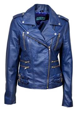 Damen Lederjacke 7113, Mystique Blue Vintage Retro Rock Star Motorrad Designer Lederjacke, blau, 46 von Smart Range