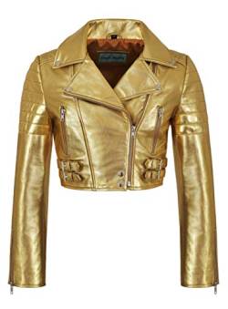 Smart Range Damen-Biker-Metallic-Lederjacke kurz geschnittener Body-Style aus echtem Lammfell 5625 (12 For Bust 82 CM, Metallic Gold) von Smart Range