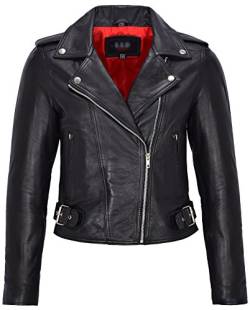 Smart Range Damen Echtleder Brando Biker Style ausgestattete Jacke kurze Länge schwarz mit rotem Innenfutter (10) von Smart Range
