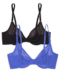 Smart & Sexy Damen Halbschalen-Bügel durchsichtigem Netzstoff BH, Undurchsichtige, Schillerndes Blau/Schwarz, 90D (2er Pack) von Smart & Sexy