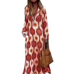 Smbcgdm V-Ausschnitt langes Kleid Dame Kontrastfarbe Frauen Geometrische Print Ärmel Herbst Winter mit Kontrastfarben, rot, XL von Smbcgdm
