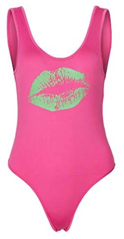Smile Fish Damen 80er Jahre Kostüme Lippen Bedruckt Neon Retro U-Ausschnitt Tanga Bodysuits, Einlagig, Hot Pink, X-Small von Smile Fish