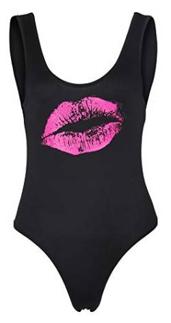 Smile Fish Damen 80er Jahre Kostüme Lippen Bedruckt Neon Retro U-Ausschnitt Tanga Bodysuits, Einlagig schwarz, Medium von Smile Fish