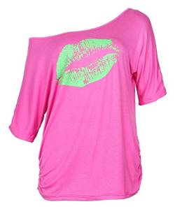 Smile Fish Damen Casual Sternchen Lippen drucken One-Shoulder T-Shirt Langarm Rundhals Oversize 80er Pullover Tops (Small, Fluoreszierendes Rosa) von Smile Fish