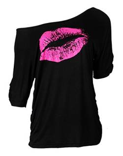 Smile Fish Damen Casual Sternchen Lippen drucken One-Shoulder T-Shirt Langarm Rundhals Oversize Pullover 80s Tops £¨Lippe,Schwarz-Rose,2XL von Smile Fish