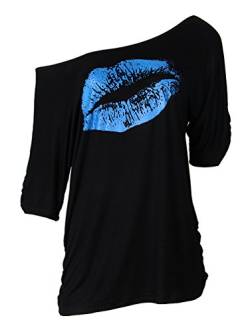 Smile Fish Damen Casual Sternchen Lippen drucken One-Shoulder T-Shirt Oversize 80er Pullover Tops (Small, Schwarz-Blau) von Smile Fish