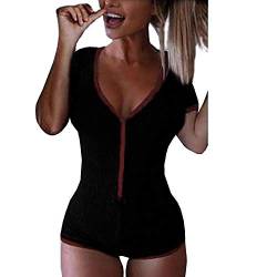 Smile Fish Damen Kurzarm Bodysuit mit sexy V-Ausschnitt Button Stretch Unterwäsche Body(Black-Wine,XL) von Smile Fish