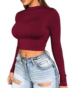 Smile Fish Damen Langarm Stretchy Crop Top Slim Fitted Plus T- Shirts(Wein,M) von Smile Fish