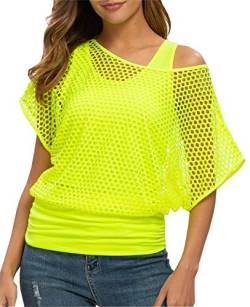 Smile Fish Damen Sexy 80er Jahre Top Neon Fischnetz Off Shoulder T-Shirt, neon green, XXL von Smile Fish