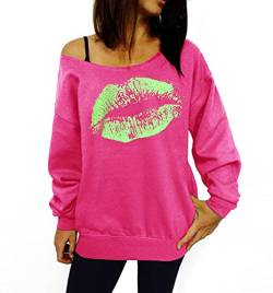 Smile Fish Damen Sexy Slouchy 80er Jahre Lippe Sweatshirt Schulterfreies Bedrucktes Hemd(0096,Rosa Neongrün,M) von Smile Fish