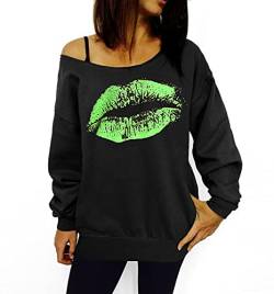 Smile Fish Damen Sexy Slouchy 80er Jahre Lippe Sweatshirt Schulterfreies Bedrucktes Hemd(0096,Schwarz Grün,L) von Smile Fish