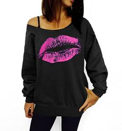 Smile Fish Damen Sexy Slouchy 80er Jahre Lippe Sweatshirt Schulterfreies Bedrucktes Hemd(0096,Schwarz Rosa,S) von Smile Fish