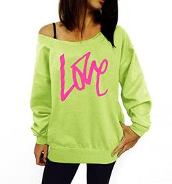 Smile Fish Damen Sexy Slouchy 80er Jahre Love Sweatshirt Schulterfreies Bedrucktes Hemd(0096,Neongrün Rosa,M) von Smile Fish