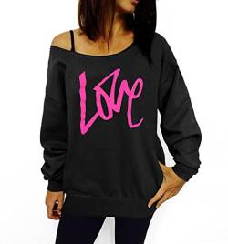 Smile Fish Damen Sexy Slouchy 80er Jahre Love Sweatshirt Schulterfreies Bedrucktes Hemd(0096,Schwarz Rosa,S) von Smile Fish