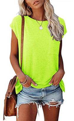 Smile Fish Damen Sommer Oversized T-Shirt Rundhalsausschnitt Farbblock Basic T-Shirt Tasche Baumwolle Tunika Tops, Farbe: Neongrün, X-Groß von Smile Fish