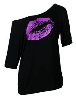 Smile Fish Damen-T-Shirt, leger, übergroß, sexy Lippen-Druck, schulterfrei, Lippen-schwarz lila, 5X-Groß von Smile Fish