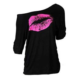 Smile Fish Damen-T-Shirt, übergroß, mit „sexy Lippen“-Print, schulterfrei - Schwarz - 50 DE/Etikettengröße 5XL von Smile Fish