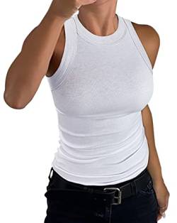 Smile Fish Damen ärmellos Racerback High Neck Tank Top Casual Basic Fitted Weste,Weiß,M von Smile Fish