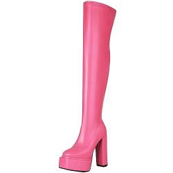 Smilice Damen Blockabsatz Overknee Stiefel mit Reißverschluss und Plateau (Rosa,40) von Smilice