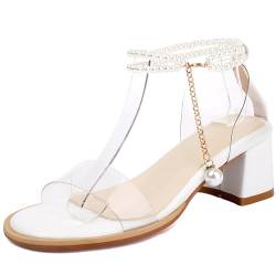 Smilice Damen Freizeit Perlen Kleid Schuhe Klobige Ferse Sandalen (Weiß,40) von Smilice