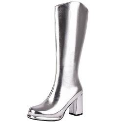 Smilice Damen Kniehohe Stiefel mit rundem Zehenreißverschluss und Blockabsatz (Silber,46) von Smilice