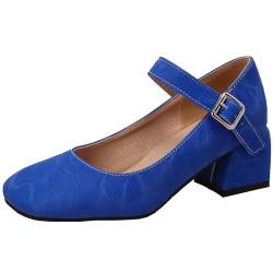 Smilice Damen Knöchelschnalle Runde Zehen Pumps Blockabsatz Mary Jane Schuhe (Blau,41) von Smilice