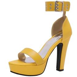 Smilice Damen Plateau Sandalen mit Offener Zehe Anzug Schuhe mit Absatz und Knöchelschnalle für Party (Gelb,38) von Smilice