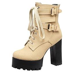 Smilice Damen Plateau Stiefeletten mit hohem Blockabsatz und Niete (Beige, 43 EU) von Smilice