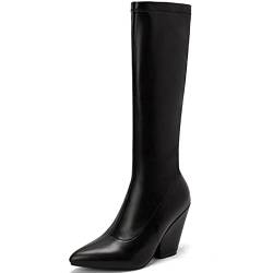 Smilice Frauen Spitzen Knie High Stiefel mit Blockabsatz Keil Lange Stiefel mit Seitlichem Reißverschluss (Schwarz, 42) von Smilice
