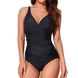 Smismivo Badeanzug Damen Bauchweg Große Größen Push Up Schwimmanzug mit Retro Schlankheits Raffung Einteilige bademode Swimsuits for Women (Schwarz) von Smismivo