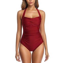 Smismivo Badeanzug Damen Bauchweg Push Up Schwimmanzug mit Retro Schlankheits Raffung Vintage Einteilige bademode Swimsuits for Women von Smismivo