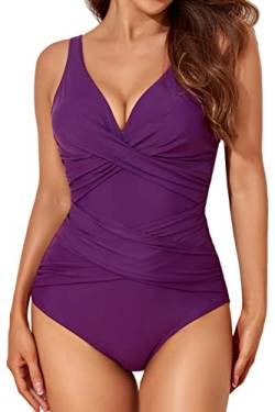 Smismivo Badeanzug Damen Bauchweg Push Up Shape Schwimmanzug mit Bügel Retro Schlankheits Raffung Einteilige Bademode Große Größen Swimsuits for Women One Piece Swimming Suits Badekleid (Lila) von Smismivo