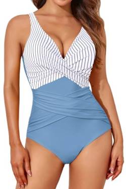 Smismivo Badeanzug Damen Bauchweg Push Up Shape Schwimmanzug mit Bügel Retro Schlankheits Raffung Einteilige Bademode Große Größen Swimsuits for Women Swimming Suits Badekleid (Blue Stripe Top) von Smismivo