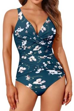 Smismivo Badeanzug Damen Bauchweg Push Up Shape Schwimmanzug mit Bügel Retro Schlankheits Raffung Einteilige Bademode Große Größen Swimsuits for Women Swimming Suits Badekleid (Dunkelgrüne Blumen) von Smismivo