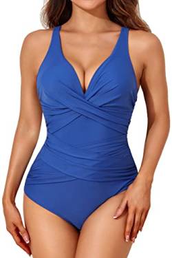 Smismivo Badeanzug Damen Bauchweg Push Up Shape Schwimmanzug mit Bügel Retro Schlankheits Raffung Einteilige Bademode Swimsuits for Women One Piece Swimming Suits Badekleid (Blau) von Smismivo