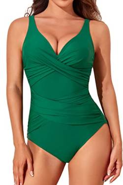 Smismivo Badeanzug Damen Bauchweg Push Up Shape Schwimmanzug mit Bügel Retro Schlankheits Raffung Einteilige Bademode Swimsuits for Women One Piece Swimming Suits Badekleid (Grün) von Smismivo