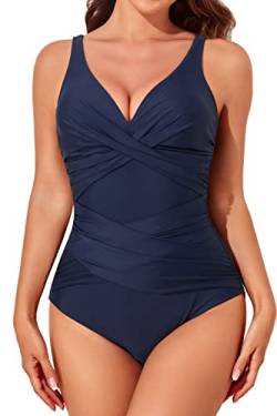 Smismivo Badeanzug Damen Bauchweg Push Up Shape Schwimmanzug mit Bügel Retro Schlankheits Raffung Einteilige Bademode Swimsuits for Women One Piece Swimming Suits Badekleid (Navy blau) von Smismivo