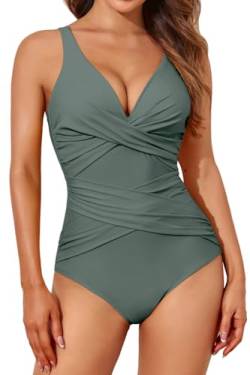 Smismivo Badeanzug Damen Bauchweg Push Up Shape Schwimmanzug mit Bügel Retro Schlankheits Raffung Einteilige Bademode Swimsuits for Women One Piece Swimming Suits Badekleid (Olivgrün) von Smismivo