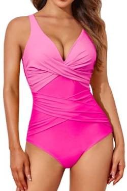 Smismivo Badeanzug Damen Bauchweg Push Up Shape Schwimmanzug mit Bügel Retro Schlankheits Raffung Einteilige Bademode Swimsuits for Women One Piece Swimming Suits Badekleid (Pink Color Block) von Smismivo