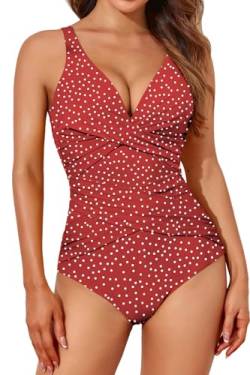 Smismivo Badeanzug Damen Bauchweg Push Up Shape Schwimmanzug mit Bügel Retro Schlankheits Raffung Einteilige Bademode Swimsuits for Women One Piece Swimming Suits Badekleid (Roter Punkt) von Smismivo