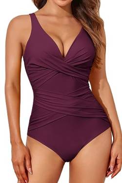 Smismivo Badeanzug Damen Bauchweg Push Up Shape Schwimmanzug mit Bügel Retro Schlankheits Raffung Einteilige Bademode Swimsuits for Women One Piece Swimming Suits Badekleid (Tiefer Merlot) von Smismivo