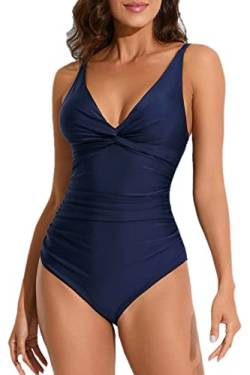 Smismivo Damen Badeanzug V Ausschnit Retro Push Up Bauchweg Schwimmanzug für Damen Schlankheits Vintage Ruched Einteilige Bademode Swimsuit Marineblau L von Smismivo