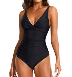 Smismivo Damen Badeanzug V Ausschnit Retro Push Up Bauchweg Schwimmanzug für Damen Schlankheits Vintage Ruched Einteilige Bademode Swimsuit Schwarz XL von Smismivo