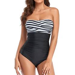 Smismivo Trägerloser Einteiliger Damen Badeanzugmit Bandeau Retro Bauchweg Schwimmanzug für Damen Vintage Ruched Einteilige Bademode Swimsuit Schwarzer Streifen XXL von Smismivo