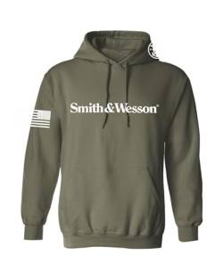 Smith & Wesson Offizielles Lizenzprodukt für Herren, langärmelig, einfarbig, grafischer Hoodie mit amerikanischer Flagge und S&W Logo Pullover Sweatshirt, Militär, Grün, L von Smith & Wesson