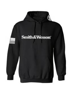 Smith & Wesson Offizielles Lizenzprodukt für Herren, langärmelig, einfarbig, grafischer Hoodie mit amerikanischer Flagge und S&W Logo Pullover Sweatshirt, Schwarz, Large von Smith & Wesson