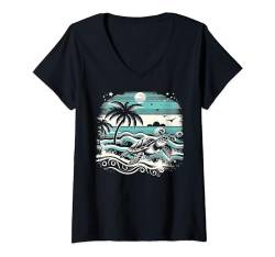 Damen Meeresschildkröte Ozean Palmen Tropical Nature Retro T-Shirt mit V-Ausschnitt von Smooth HQ
