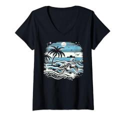 Damen Meeresschildkröte Palmen Tropische Natur Retro T-Shirt mit V-Ausschnitt von Smooth HQ