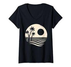 Damen Tropischer Ozean, minimalistisches Design T-Shirt mit V-Ausschnitt von Smooth HQ