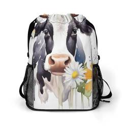 Sporttasche für Damen und Herren, Wasserfarben, Kuh und Gänseblümchen, Reisetasche, großes Fassungsvermögen, Sport-Rucksack mit Kordelzug, Stil:, 45.5x41.5x36cm von SmtSec